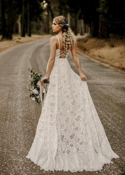 Boho A-line Double Straps Floor Length French Lace Wedding Dress