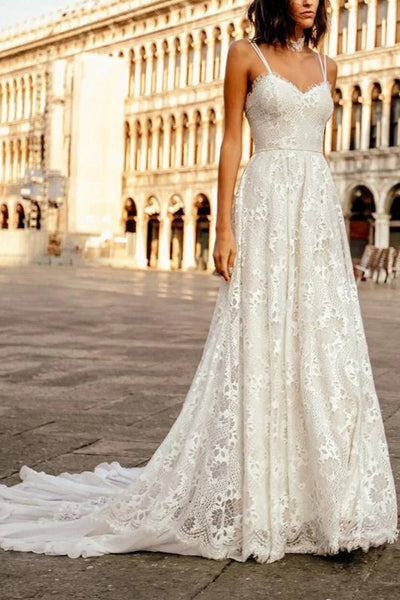 Boho A-line Double Straps Longitud del piso francés Lace Wedding Dress