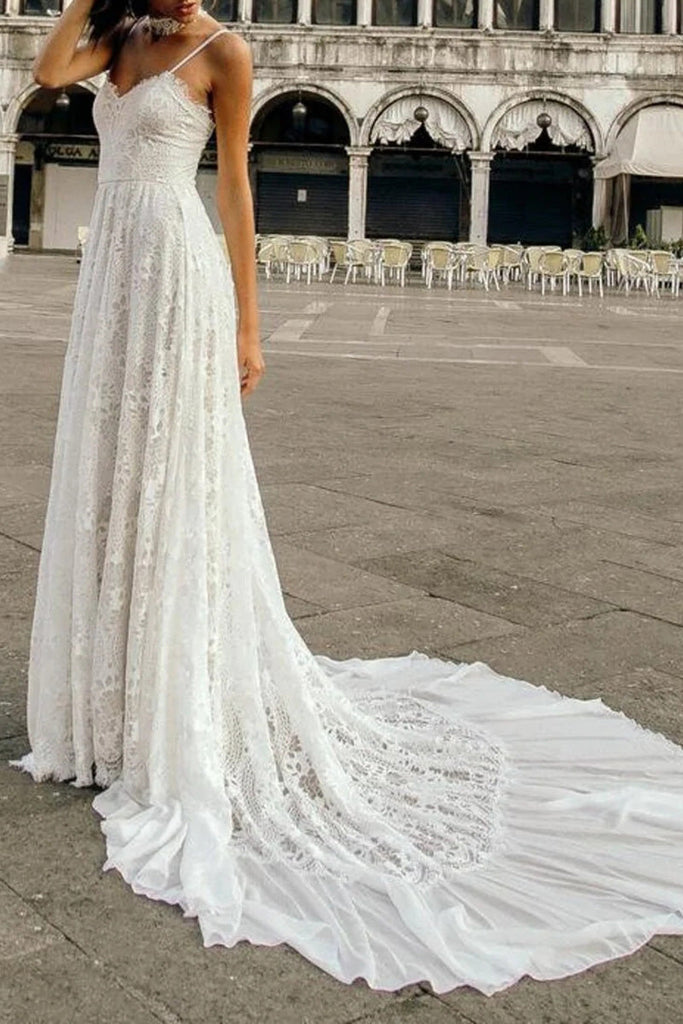 Boho A-line Double Straps Floor Length French Lace Wedding Dress
