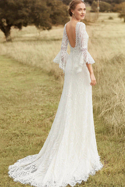 А-силуэта с воланами и открытой спиной длиной до пола, кружевное свадебное платье в стиле бохо