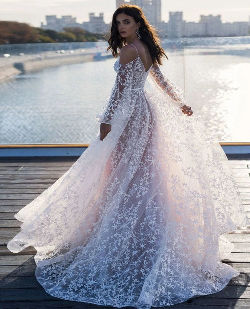 A-line Boho Cold Shoulder Long Sleeve Starry Lace Tulle Bridal Wedding Dress