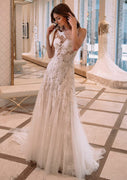 Illusion Back A-Line Bateau Sweep Ivory Lace Tulle Wedding Dress