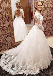 Illusion Back Long Sleeve A-Line Lace Court Train Wedding 