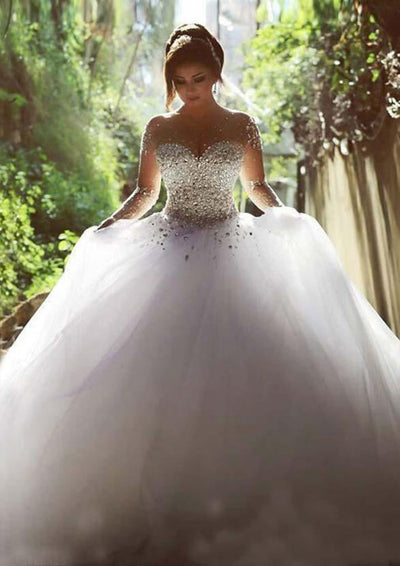 Illusion Ball Gown Chapel White Tulle Wedding Dress 