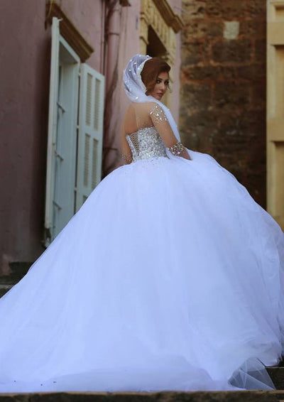 Illusion Ball Gown Chapel White Tulle Wedding Dress 