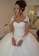 Illusion Bateau Lace Tulle Ball Gown Wedding Dress, Beaded