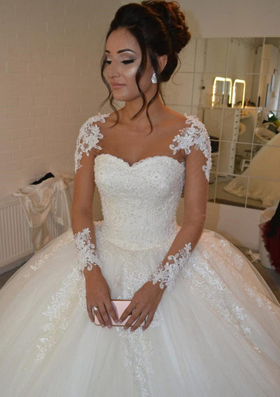 Illusion Bateau Lace Tulle Ball Gown Wedding Dress Beaded - 