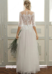 Illusion Half Sleeve Lace Tulle Long Wedding Dress Buttons -