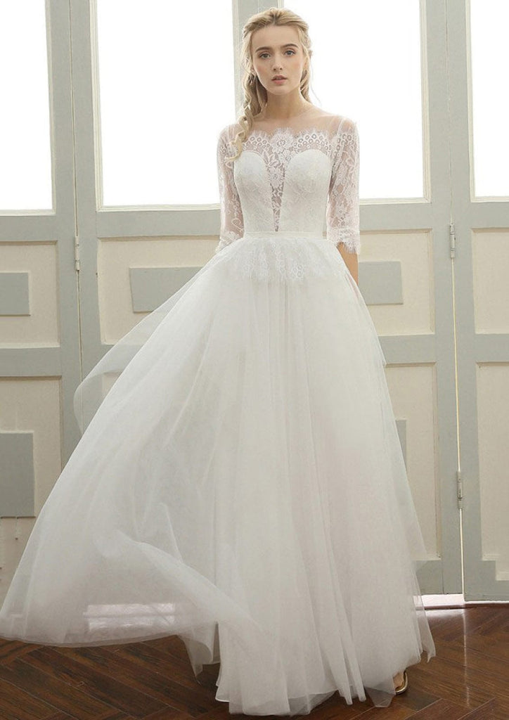Illusion Half Sleeve Lace Tulle Long Wedding Dress Buttons -