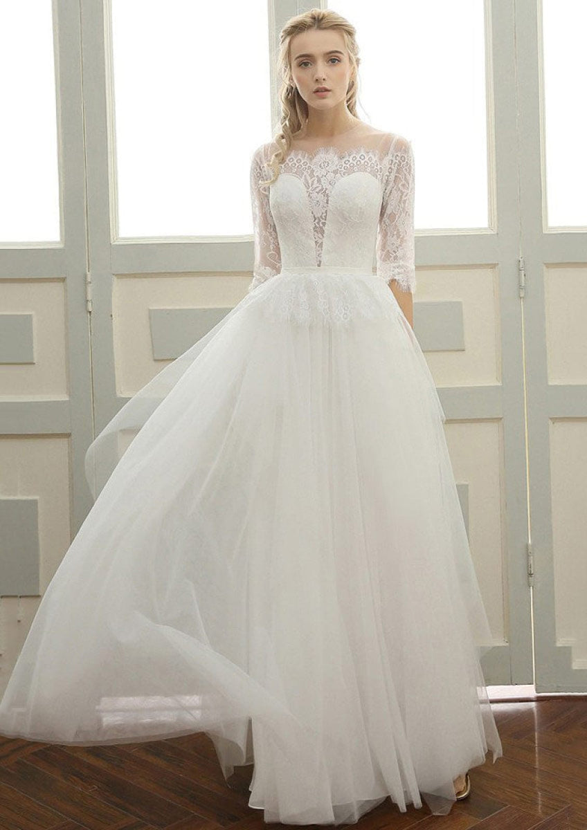 Illusion Lace Half Sleeve Tulle Long Bridal Wedding Dress, Buttons ...