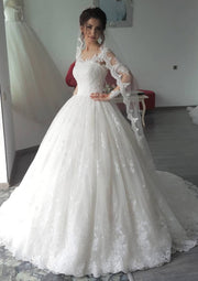 Long Sleeve Appliqued Court Lace Ball Gown Bridal Wedding 