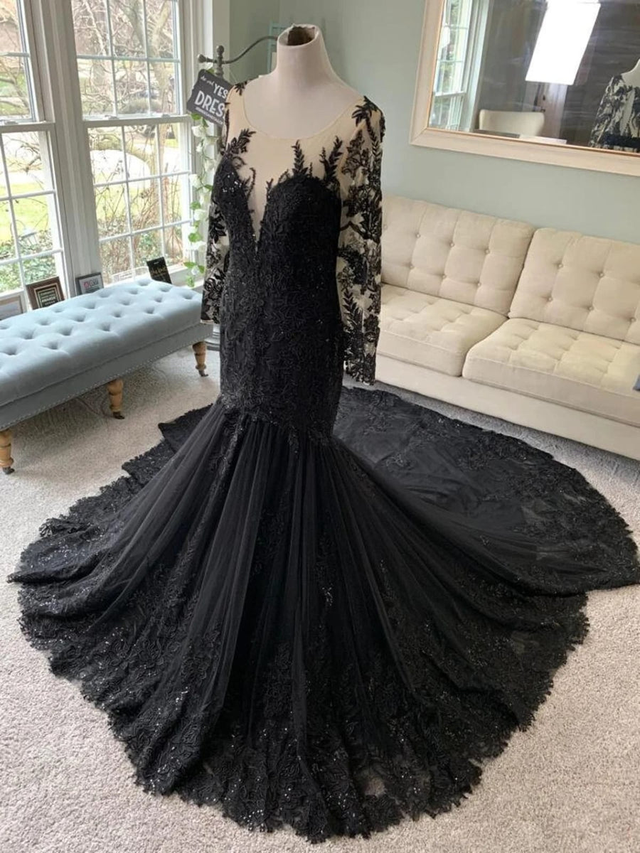Illusion Long Sleeve Lace Tulle Trumpet Black Wedding Dress, Sequins ...