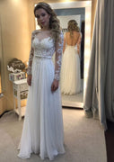 Illusion Sleeve Backless Bateau A-Line Chiffon Wedding Dress, Lace