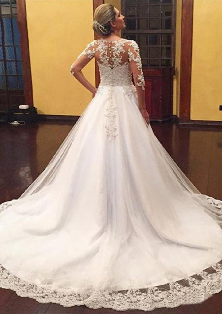 Illusion Sleeve Beaded Chapel A-line Lace Tulle Wedding Dress - Princessly Illusion Sleeve Beaded Chapel A-line Lace Tulle Wedding Dress - Princessly