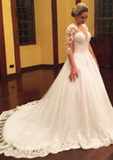 Illusion Sleeve Beaded Chapel A-line Lace Tulle Wedding Dress