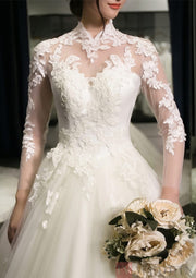 Illusion Sleeve Tulle Ball Gown High-Neck Cathedral Bridal 