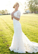 Ivory Court Train Half Sleeve Lace Sheath Bridal Wedding Dress