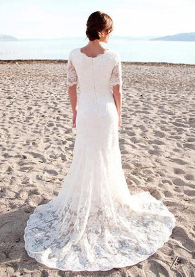 Ivory Court Train Half Sleeve Lace Sheath Bridal Wedding 