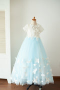 Vestido de niña de flores de boda de manga corta de tul azul de encaje marfil, mariposa