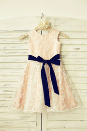 Lace Flower Girl Dress with Navy Blue Sash /Blush Pink 
