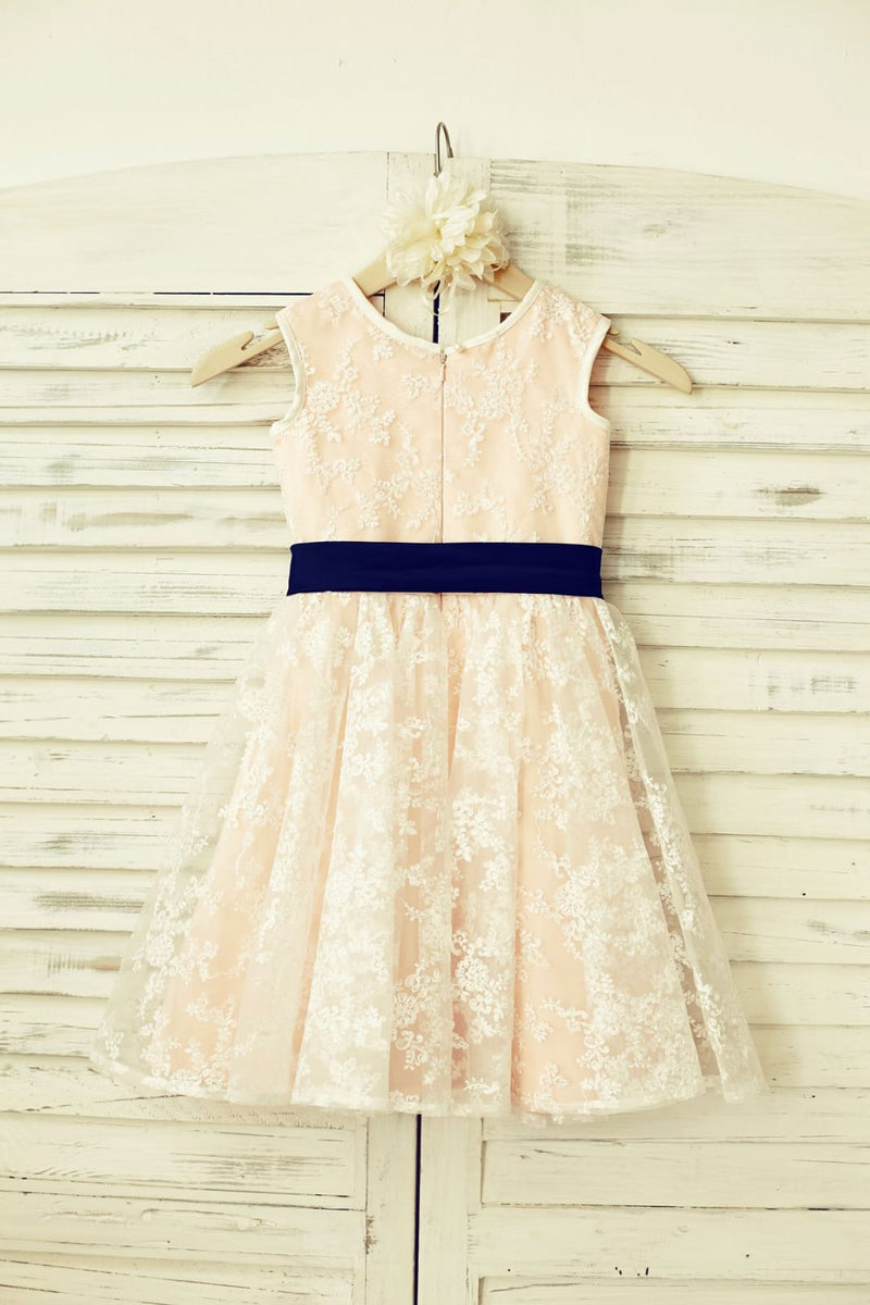 Ivory Lace Blush Pink Lining Flower Girl Dress, Belt - Princessly