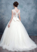 Ivory Lace Cap Sleeve Tulle Ball Gown Sweep Wedding Dress, Bowknot