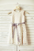 Платье для девочек с кружевом цвета слоновой кости и подкладкой цвета шампанского