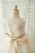 Vestido de niña de flores de tul champán de encaje marfil con abertura en la espalda para fiesta de boda, cinturón