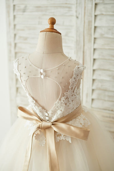 Ivory Lace Champagne Tulle Keyhole Back Wedding Party Flower