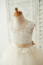 Ivory Lace Champagne Tulle Keyhole Back Wedding Party Flower