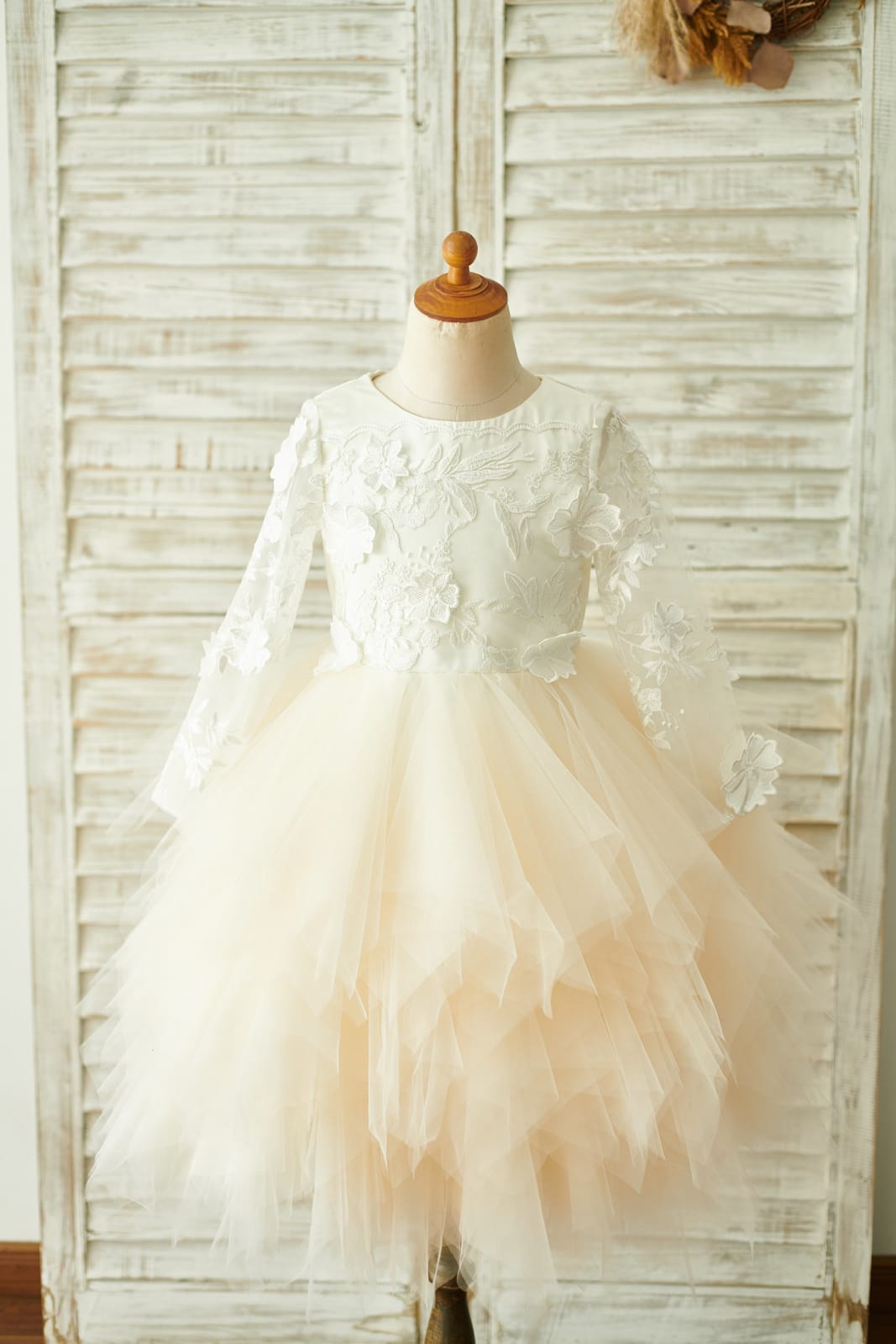Ivory Lace Champagne Tulle Long Sleeves Wedding Flower Girl Dress 2T