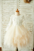 Vestido de niña de flores de boda de manga larga de tul champán de encaje marfil