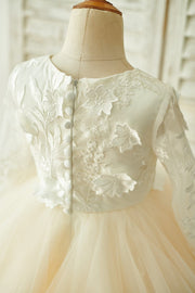 Ivory Lace Champagne Tulle Long Sleeves Wedding Flower Girl 