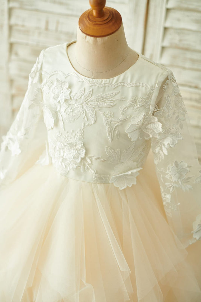 Ivory Lace Champagne Tulle Long Sleeves Wedding Flower Girl 