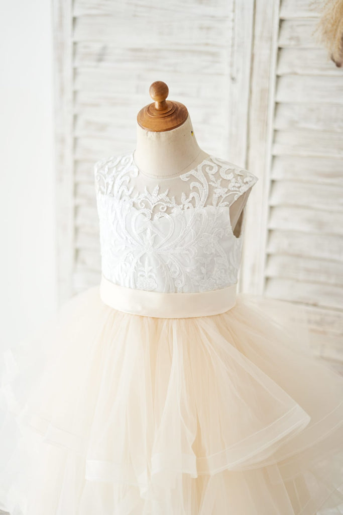 Ivory Lace Champagne Tulle Short Knee Length Wedding Flower 