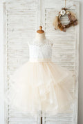 Короткое свадебное платье из тюля цвета слоновой кости цвета шампанского длиной до колена для девочек-цветочниц
