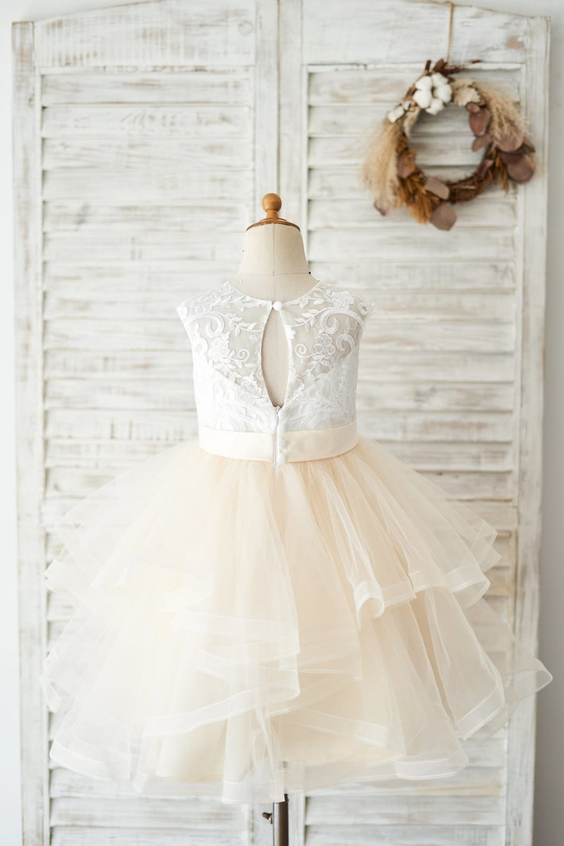 Short Sleeves Ivory Lace Tulle Wedding Flower Girl Dress, Champagne Lining