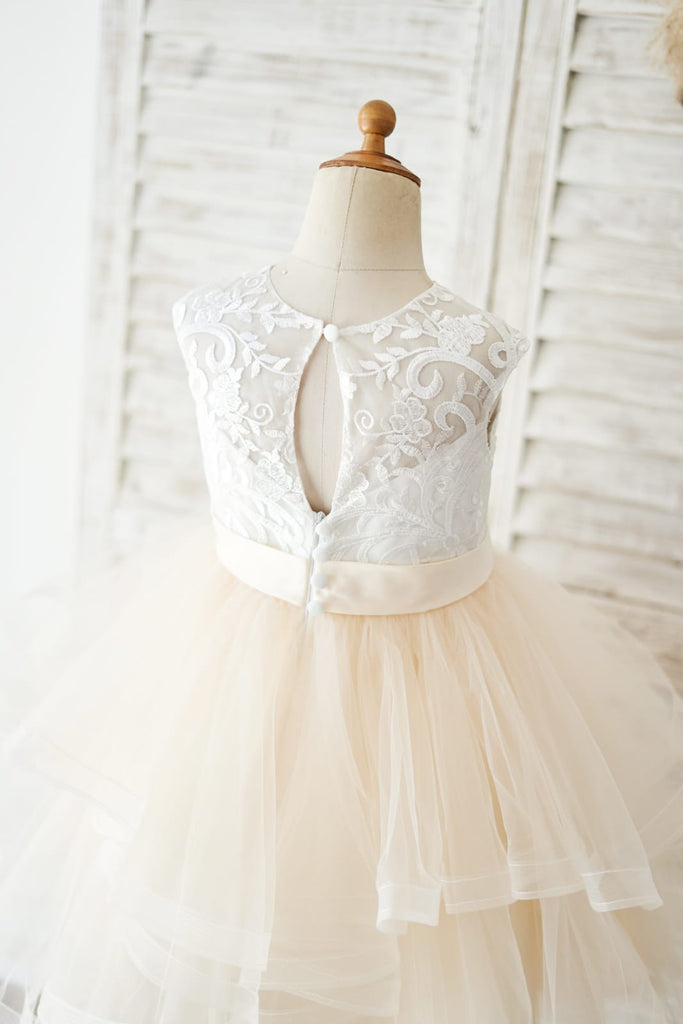Ivory Lace Champagne Tulle Short Knee Length Wedding Flower 