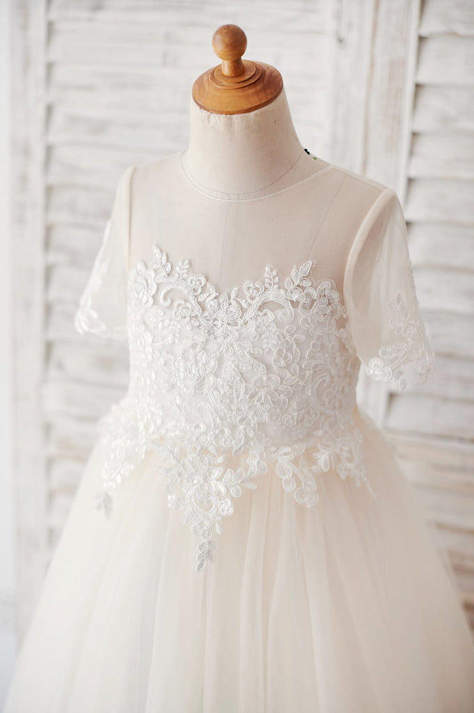 Ivory Lace Champagne Tulle Short Sleeves Wedding Flower Girl