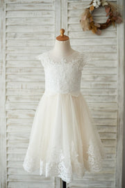 Ivory Lace Champagne tulle Cap Sleeves Wedding Flower Girl 