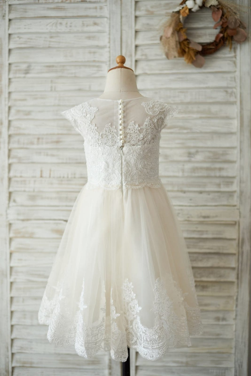 Champagne Lace Tulle Uneven Hem Wedding Flower Girl Dress