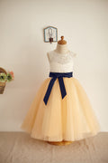 Ivory Lace Champagne Tulle Wedding Flower Girl Dress, Belt