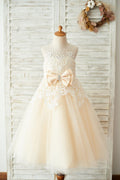 Vestido de niña de flores para fiesta de boda de tul champán con encaje marfil, perlas