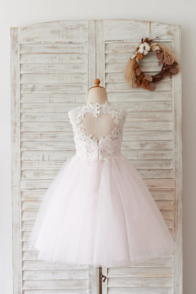 Ivory Lace Champagne/Blush Tulle Keyhole Back Wedding Flower Girl Dress Custom Size / Ivory Ivory Lace Champagne/Blush Tulle Keyhole Back Wedding Flower Girl Dress Custom Size / Ivory