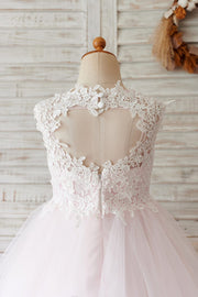 Ivory Lace Champagne Tulle Wedding Flower Girl Dress with 