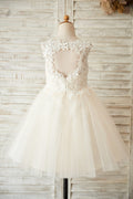 Ivory Lace Champagne/Blush Tulle Keyhole Back Wedding Flower Girl Dress