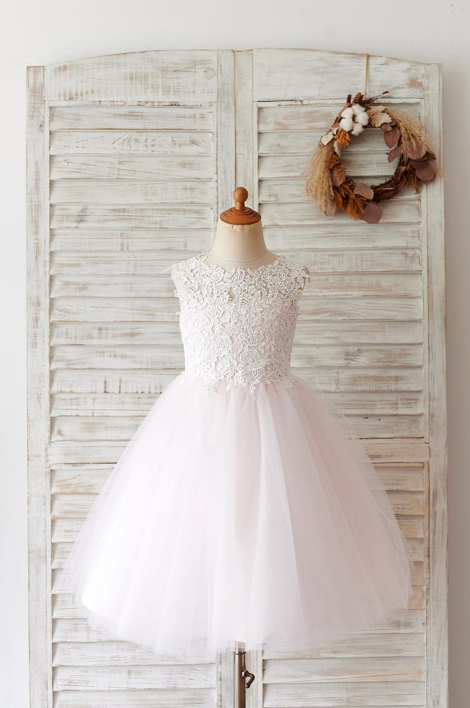Ivory Lace Champagne Tulle Wedding Flower Girl Dress with 