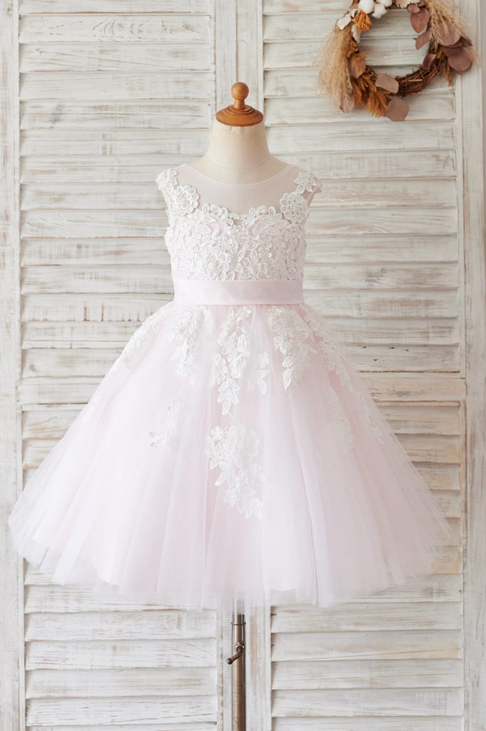 Ivory Lace Champagne Tulle Wedding Party Flower Girl Dress 