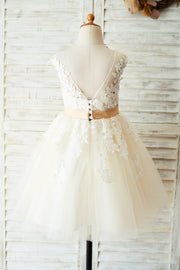 Ivory Lace Champagne Tulle Wedding Party Flower Girl Dress 