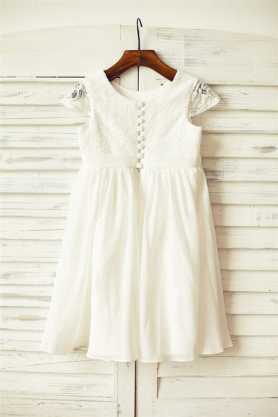 Ivory Lace Chiffon Flower Girl Dress with Cap Sleeves